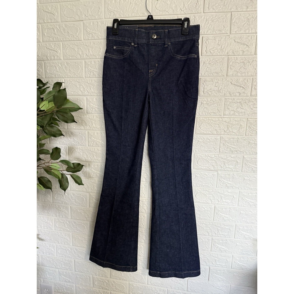 Spanx Flare Jeans Womens Size S Petite Dark Wash Blue Denim Mid Rise Stretch